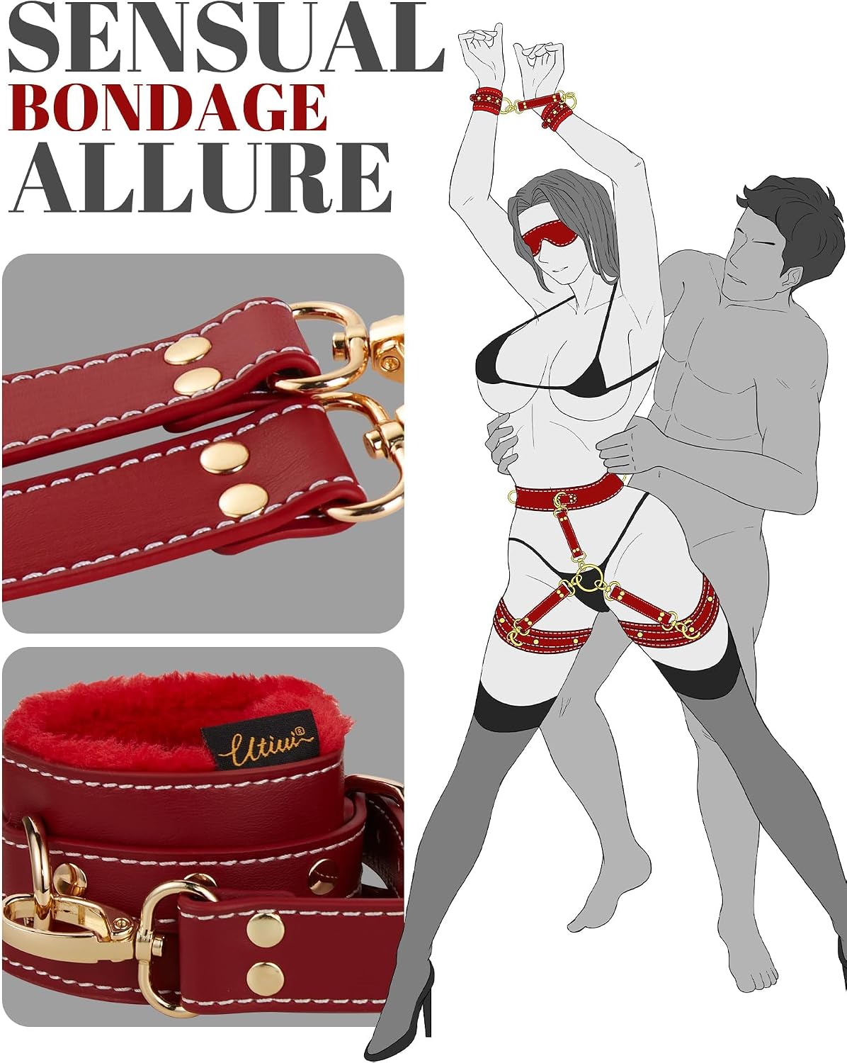 UTIMI Sex Bondage BDSM Kit Restraints 6PCS Sets with Adjustable Handcuffs Ankle Cuff Thigh Cuffs Blindfold Cross Strap Waist Strap Adult SM Games Sex Toys for Men Women and Couples